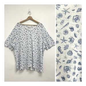 J. Jill Linen V-Neck Coastal Beach Seashell Print Airy Short-Sleeve Tee Plus 3X